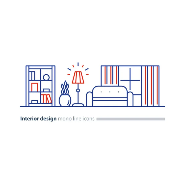 Simple interior, apartment design services, line furniture icons set — Stock Vector