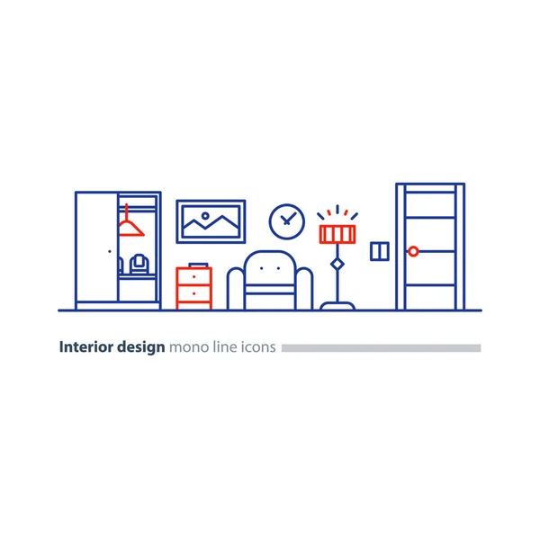 Einfaches Interieur, Wohnungsdesign-Dienstleistungen, Linie Möbel-Symbole gesetzt — Stockvektor