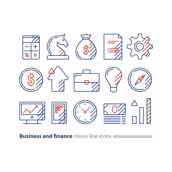 Services d'audit, conseil financier, idée de stratégie d'investissement monétaire, icône de ligne — Image vectorielle