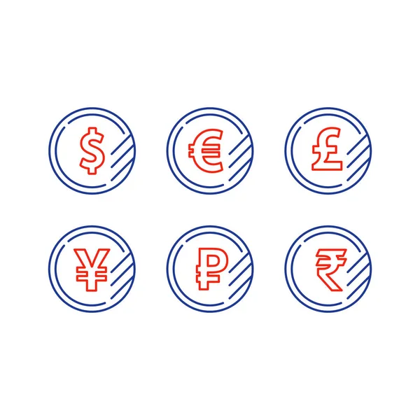 Signe du dollar, symbole de l'euro, icône de la livre, pièce en rouble, change de devises financières — Image vectorielle