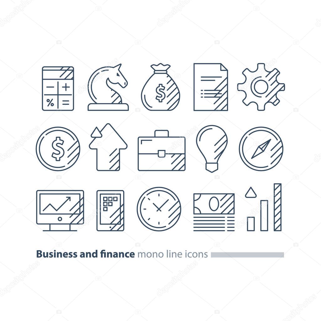 Audit services, financial consulting, money investment strategy idea, line icon