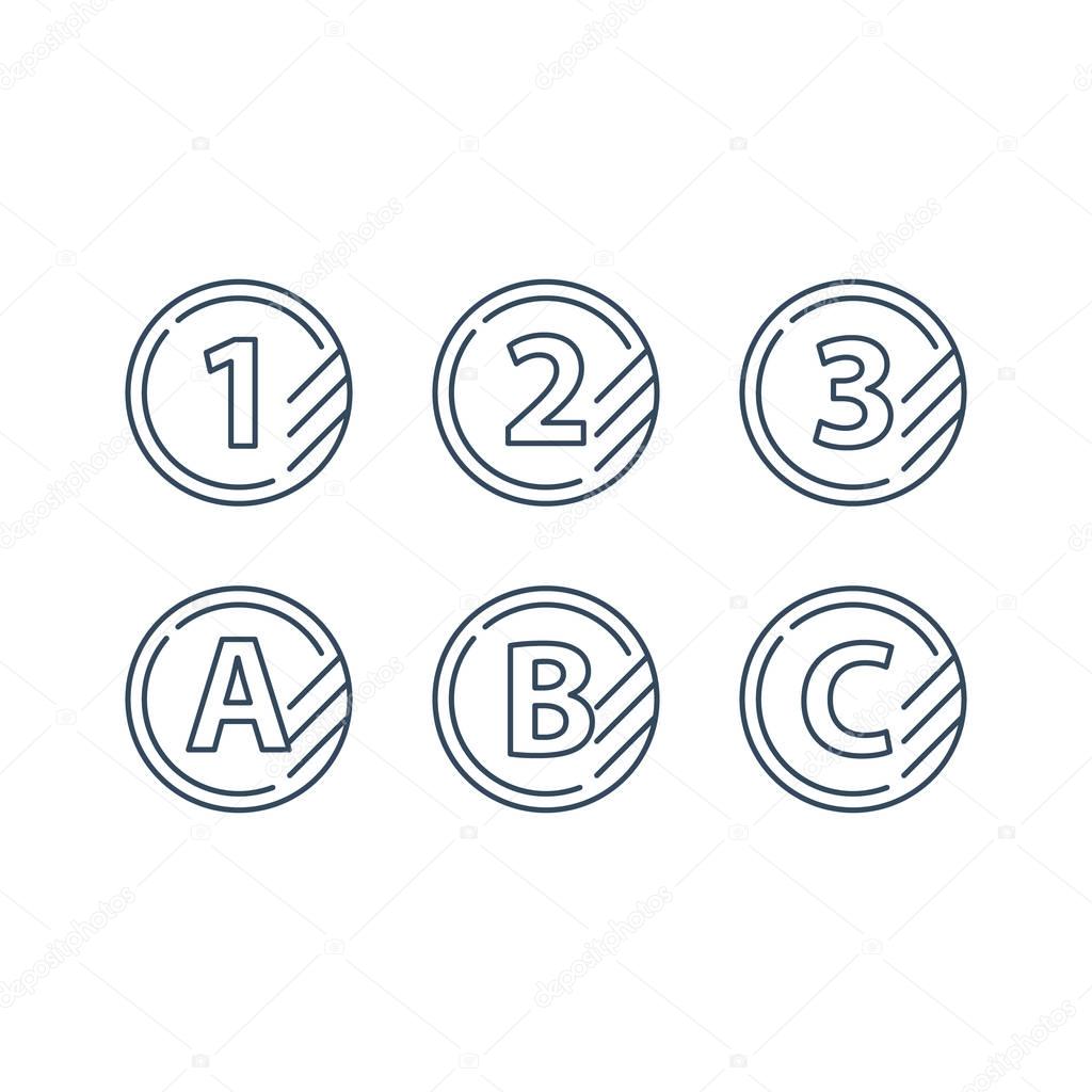 Tokens with numbers one two three and letters A B C, first second third level, upgrade concept, round classification mono line vector icons