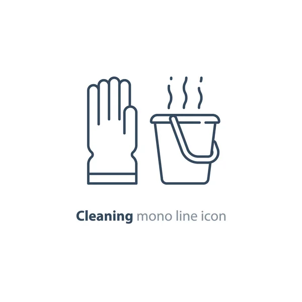 Conjunto de objetos de saneamiento, artículos y servicios de limpieza, iconos de línea — Vector de stock