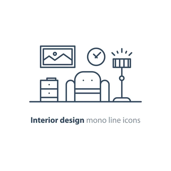 Простий інтер'єр, послуги дизайну квартир, набір іконок меблів — стоковий вектор