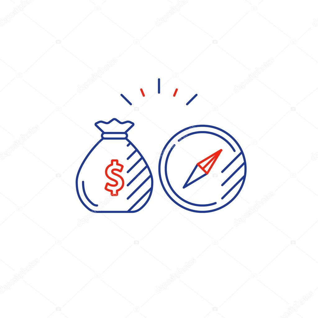 Financial investment strategy concept, finance planning compass logo, business guidance mono line vector illustration