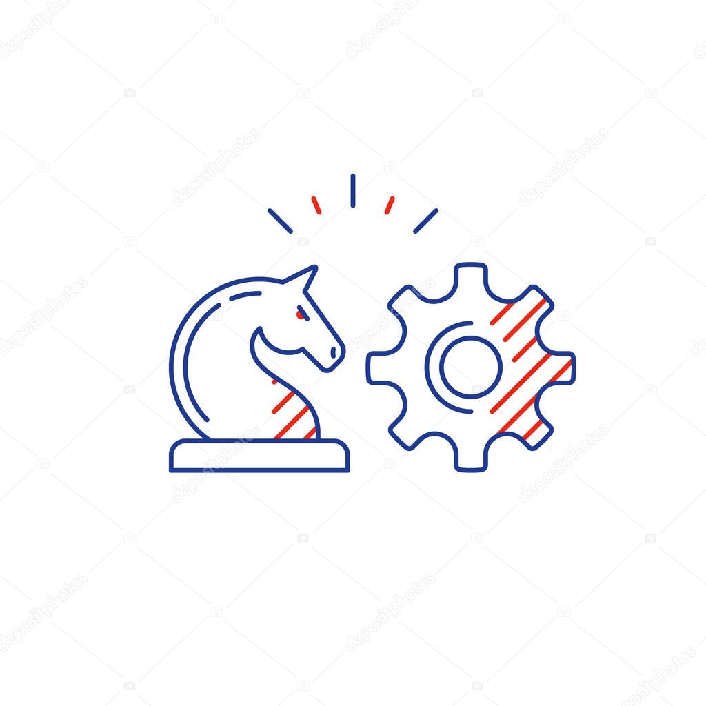 Business strategy logo, chess knight horse, training concept vector mono line icon