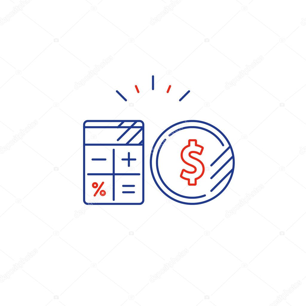 Savings account, financial audition, finance management, budget planning concept, project money, estimate investment risks, business analytics, loan calculation, vector mono line icon