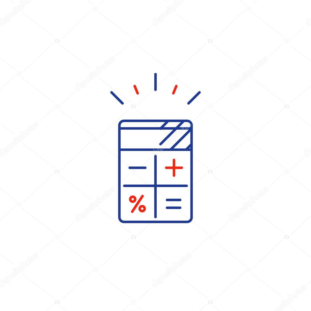 Calculator mono line vector icon, calculation services, finance estimation  concept