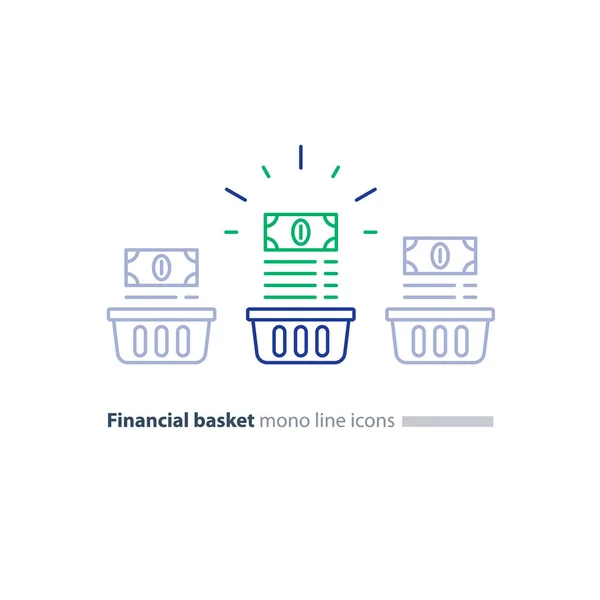 Panier financier, concept de portefeuille d'investissement, plan budgétaire, augmentation des revenus, icône de ligne — Image vectorielle