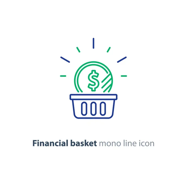 Moeda de dólar na cesta, conceito financeiro, plano de investimento, aumento de receita, ícone de linha — Vetor de Stock