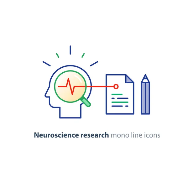 Logotipo do conceito de neurociência e psicologia, pesquisa científica, documento em papel e lápis —  Vetores de Stock