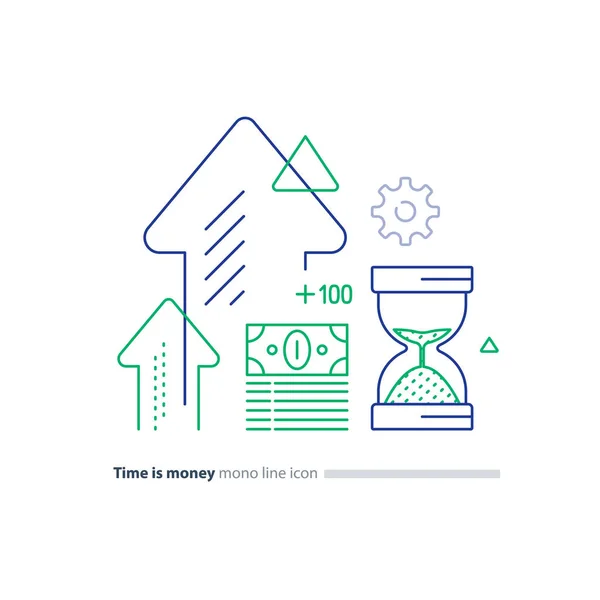 Cash-Bündel und Sandglas, Zeit ist Geld-Konzept, Finanzinvestitions-Linie Symbole — Stockvektor