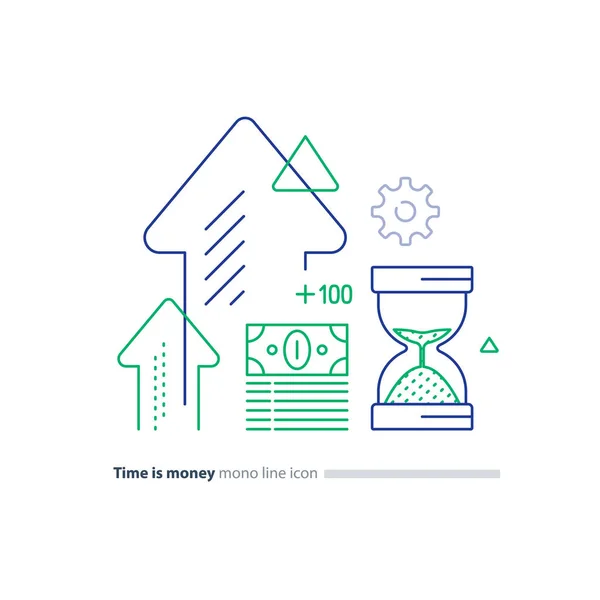 Pacote de dinheiro e vidro de areia, o tempo é conceito de dinheiro, ícones de linha de investimento financeiro — Vetor de Stock