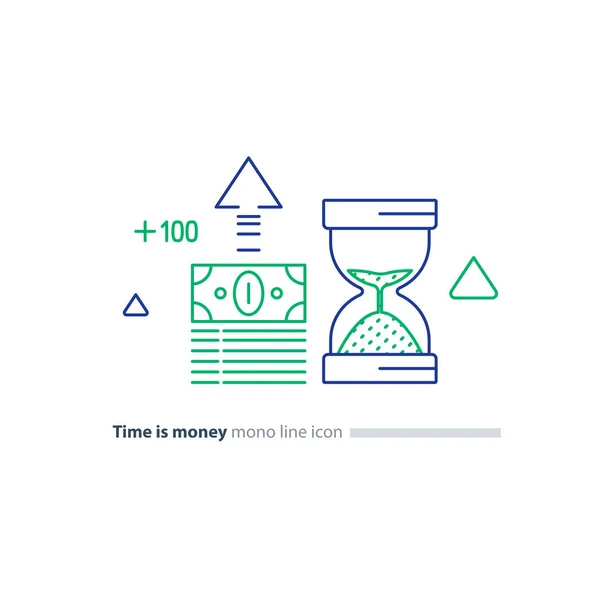 Paquet de trésorerie et verre de sable, le temps est concept d'argent, icônes de ligne d'investissement financier — Image vectorielle