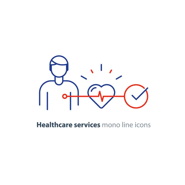 Icono de línea de prueba cardíaca, logotipo del monitor del electrocardiograma, examen de cardiología — Vector de stock