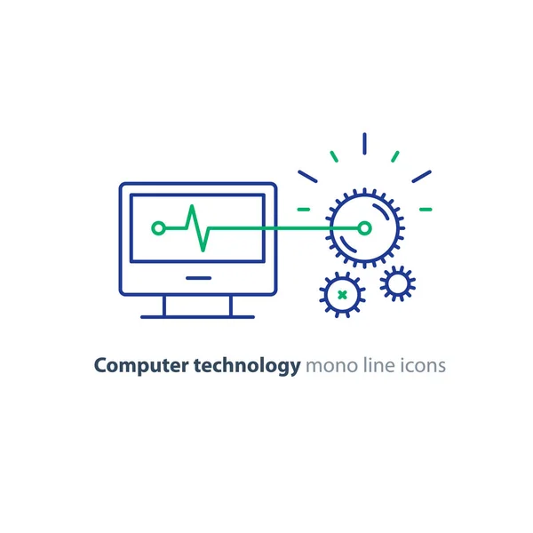 Diagnostic system, engine test, software integration, data processing line icon — Stock Vector