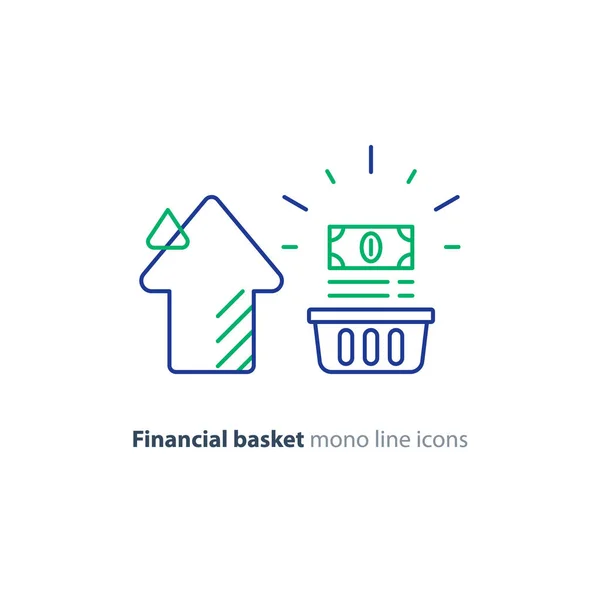 Pacote de dinheiro em cesta e seta, investimento financeiro, crescimento de renda, ícone de linha — Vetor de Stock