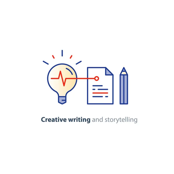 Escritura creativa, idea de contar historias, página de papel e iconos lineales de lápiz — Vector de stock