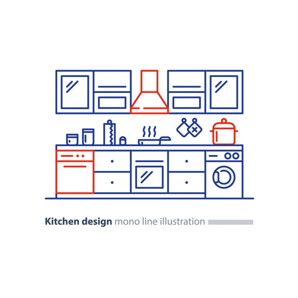 Cozinha design de interiores, conjunto de móveis, plano de arranjo —  Vetores de Stock