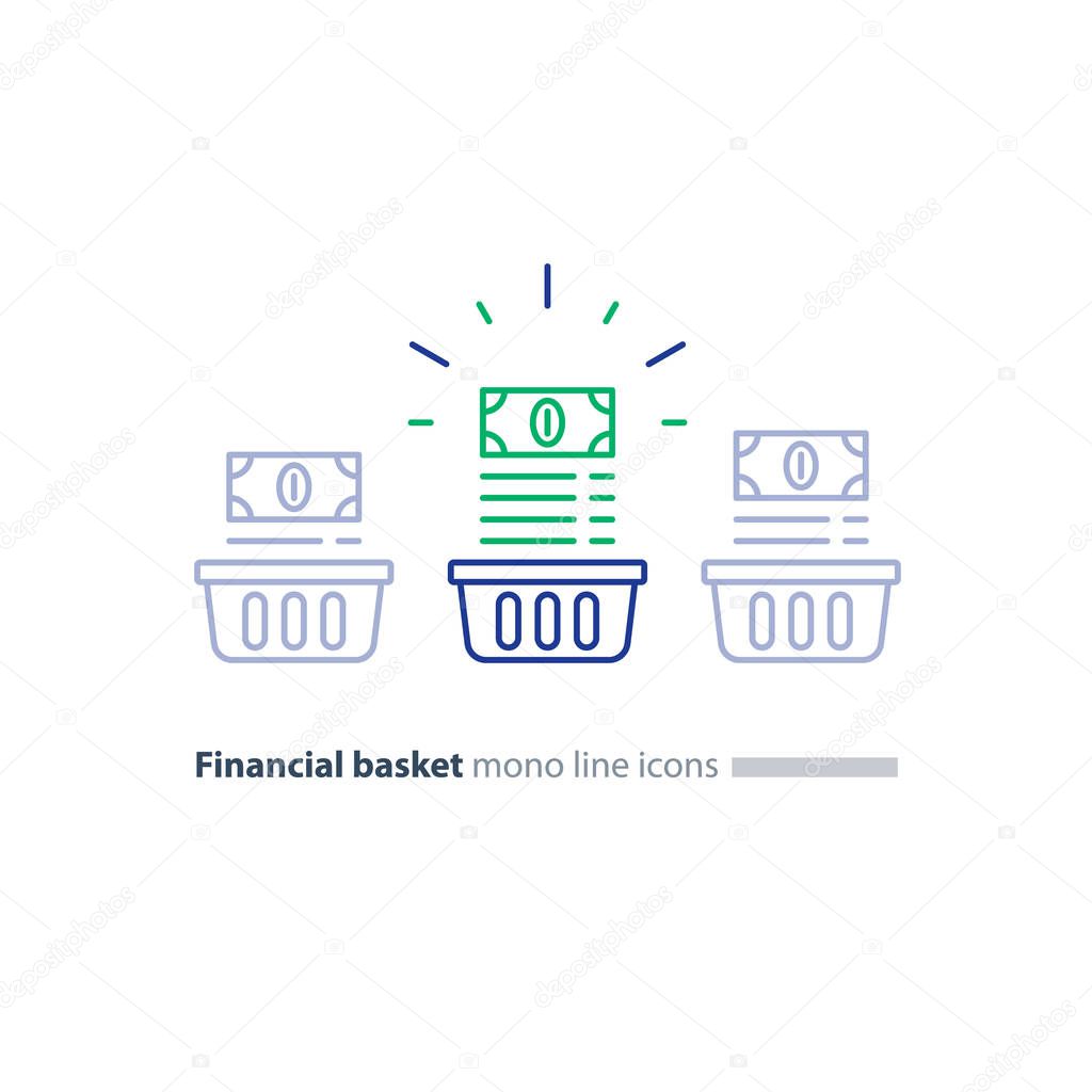 Financial basket, investment portfolio concept, budget plan, revenue increase, line icon