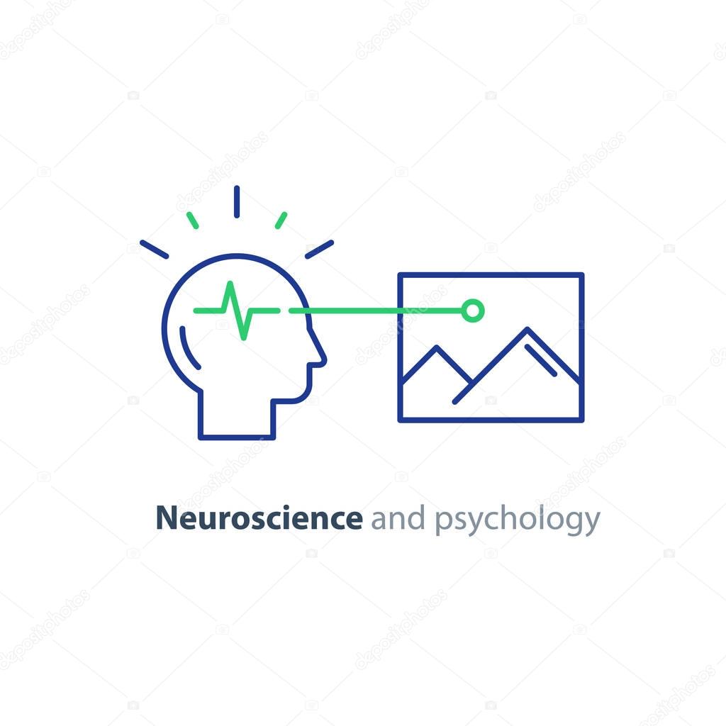 Neuroscience logo, psychology concept icon, artificial intelligence, creative thinking, optical illusion, memory functioning, vector line design