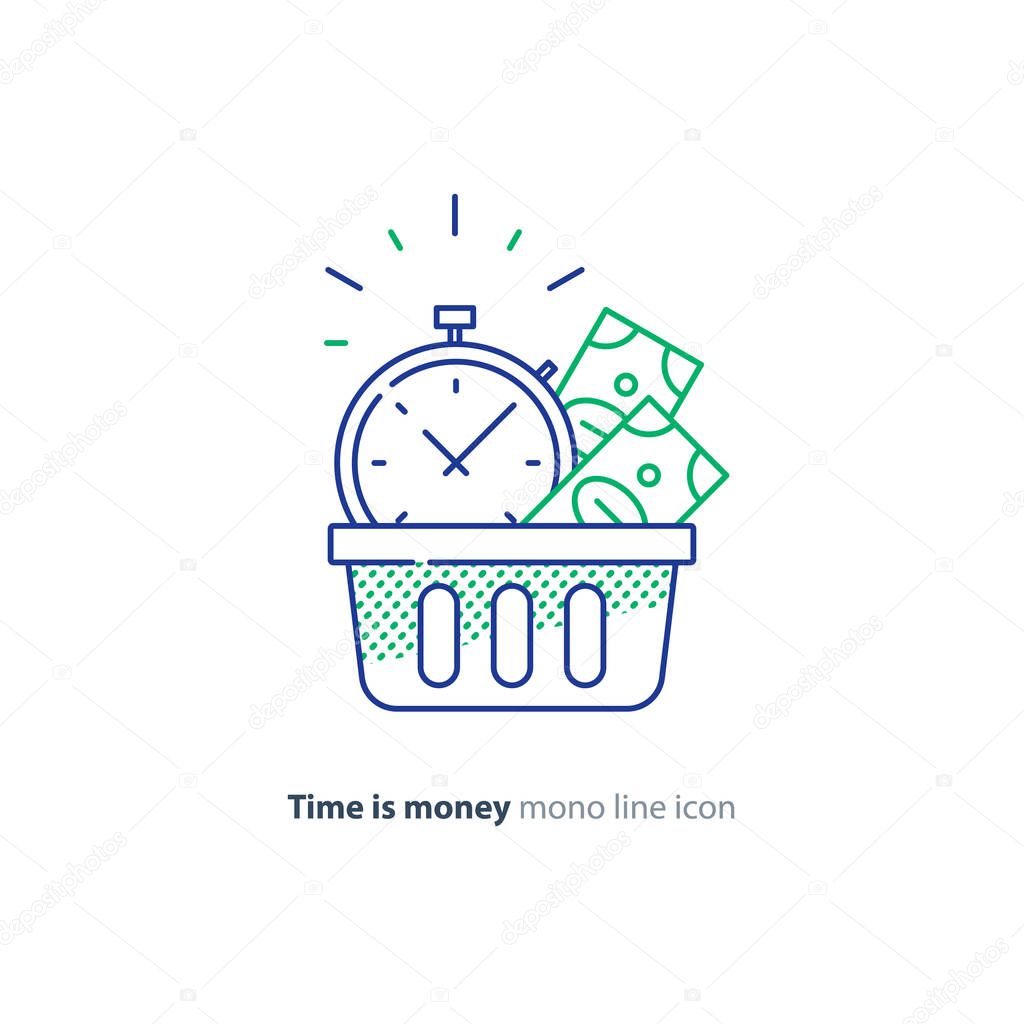 Money in basket, financial concept, investment plan, revenue increase, line icon