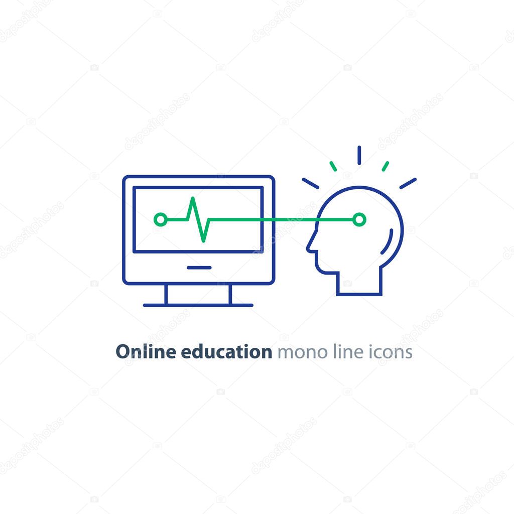 Education on internet, learning course, desk top computer, human head icons