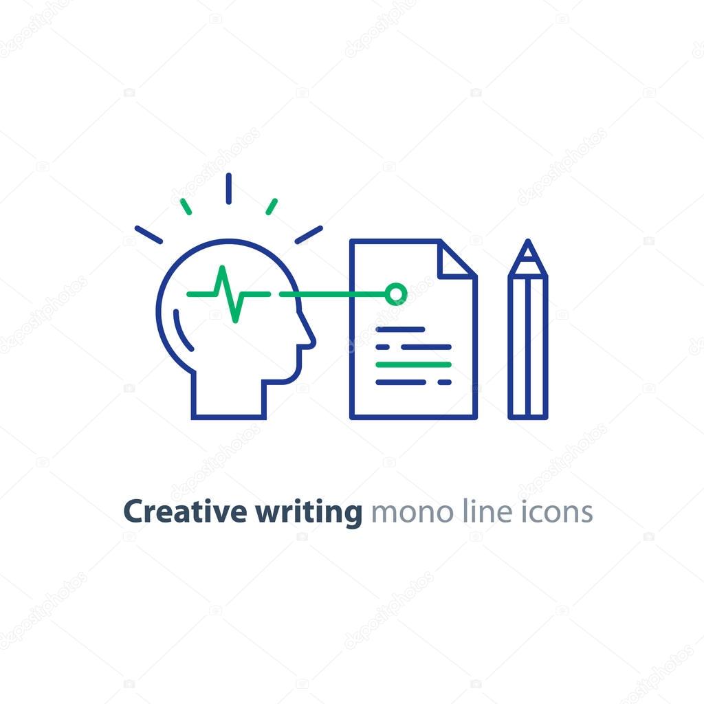 Creative writing and storytelling, copywriting, neuroscience research, brain work study, psychology education concept, vector icon
