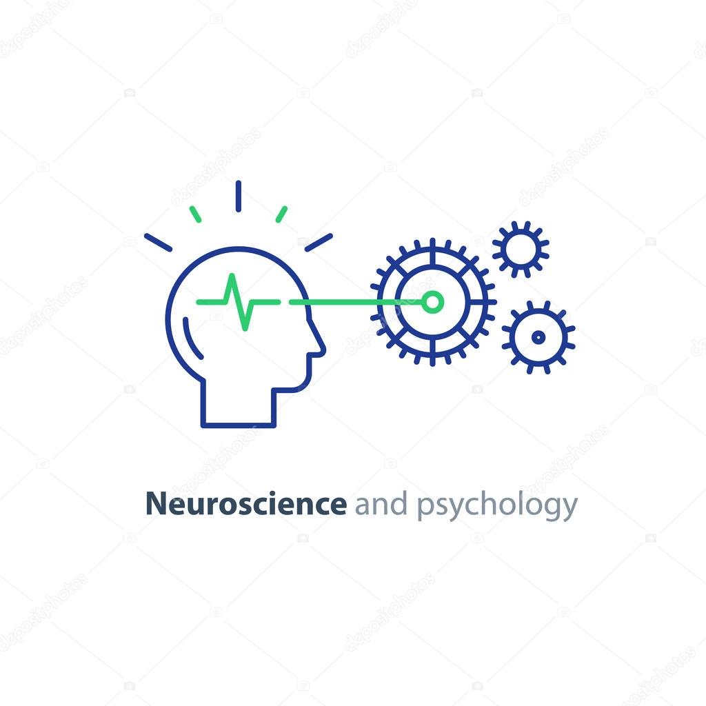 Neuroscience concept, psychological processes, brain functioning, artificial intelligence, education system, problem solving, vector mono line icon