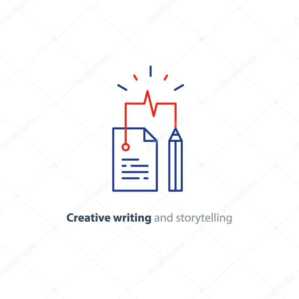 Creative writing and thinking concept, storytelling, assay composition, education, vector mono line icons