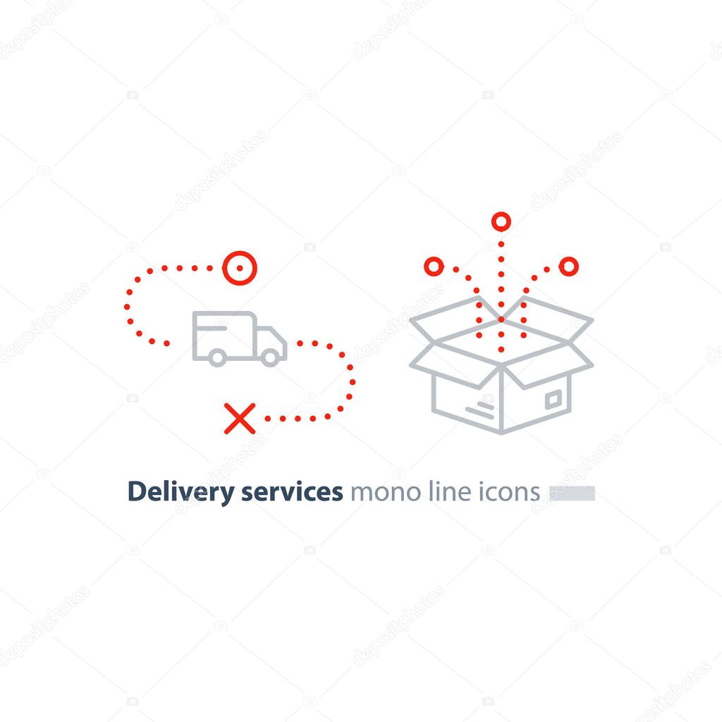 Truck delivery and box package, transportation services line icons