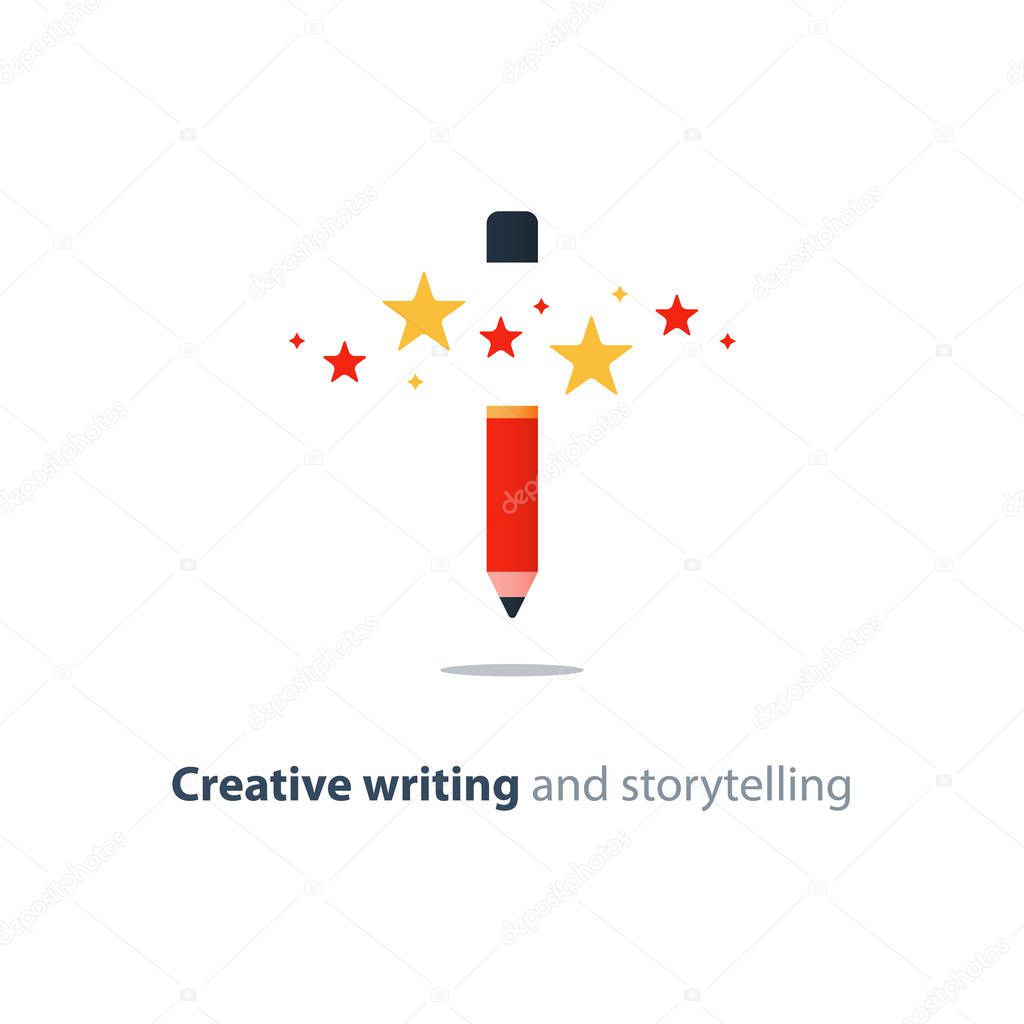 Red pencil with stars, creative writing concept, story telling vector icon
