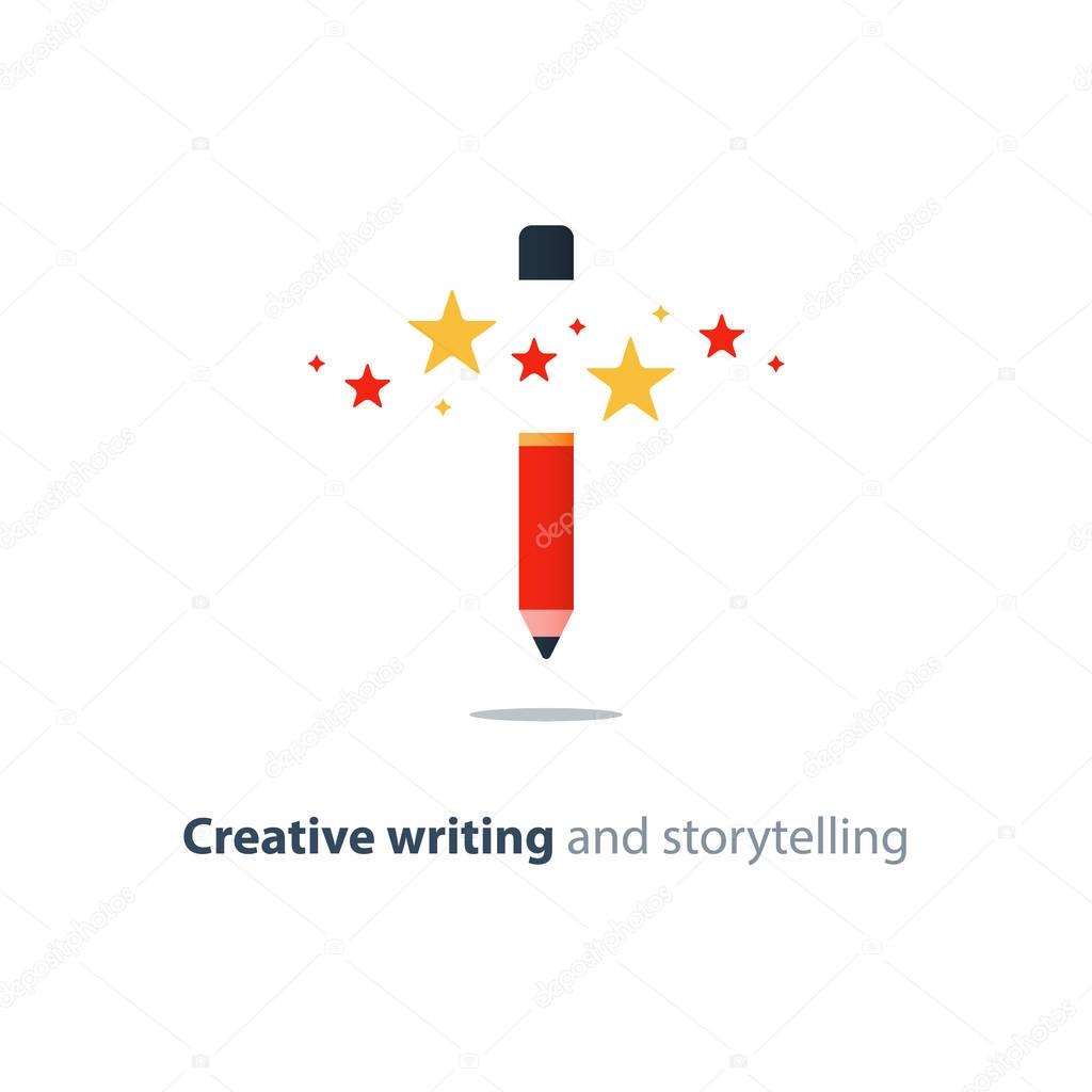 Creative writing, red pencil, storytelling concept, copy writing idea, vector flat design illustration