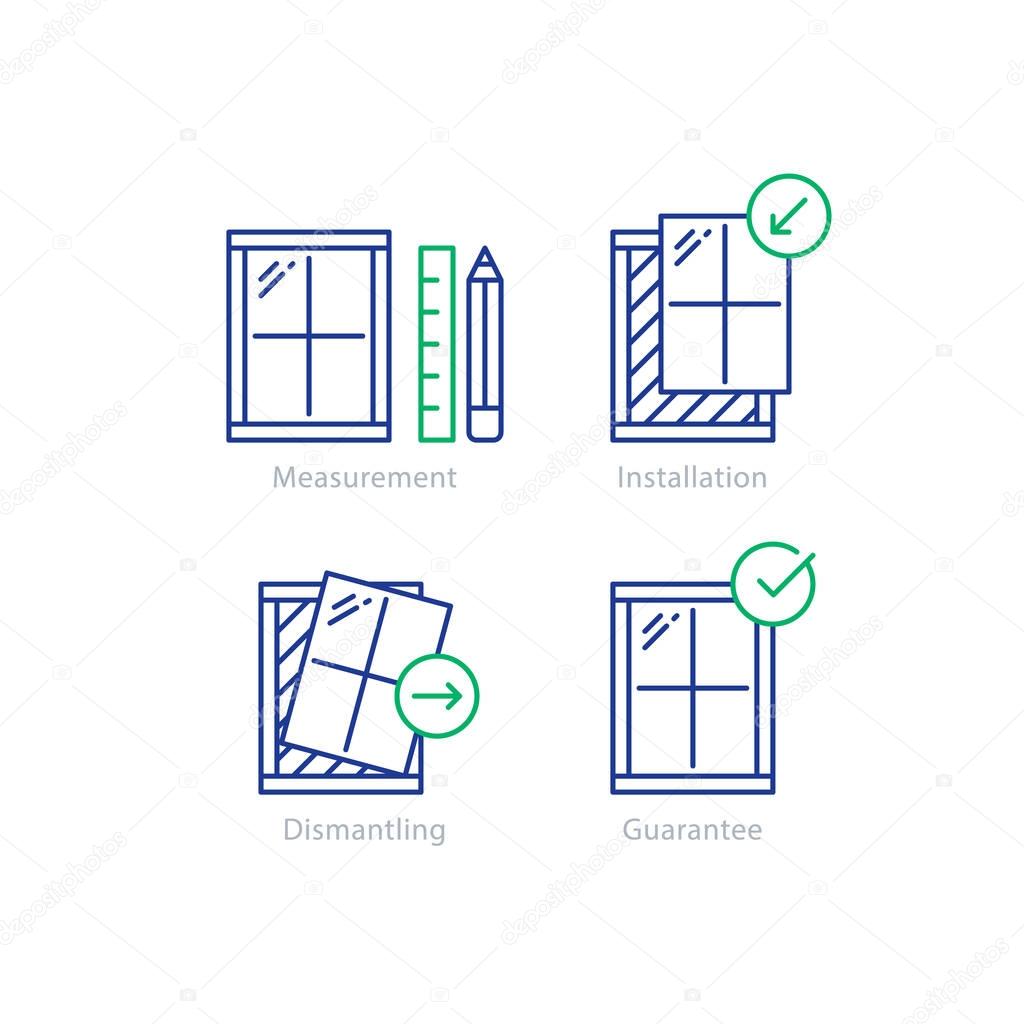 Window installation services, replacement steps, vector mono line icons set