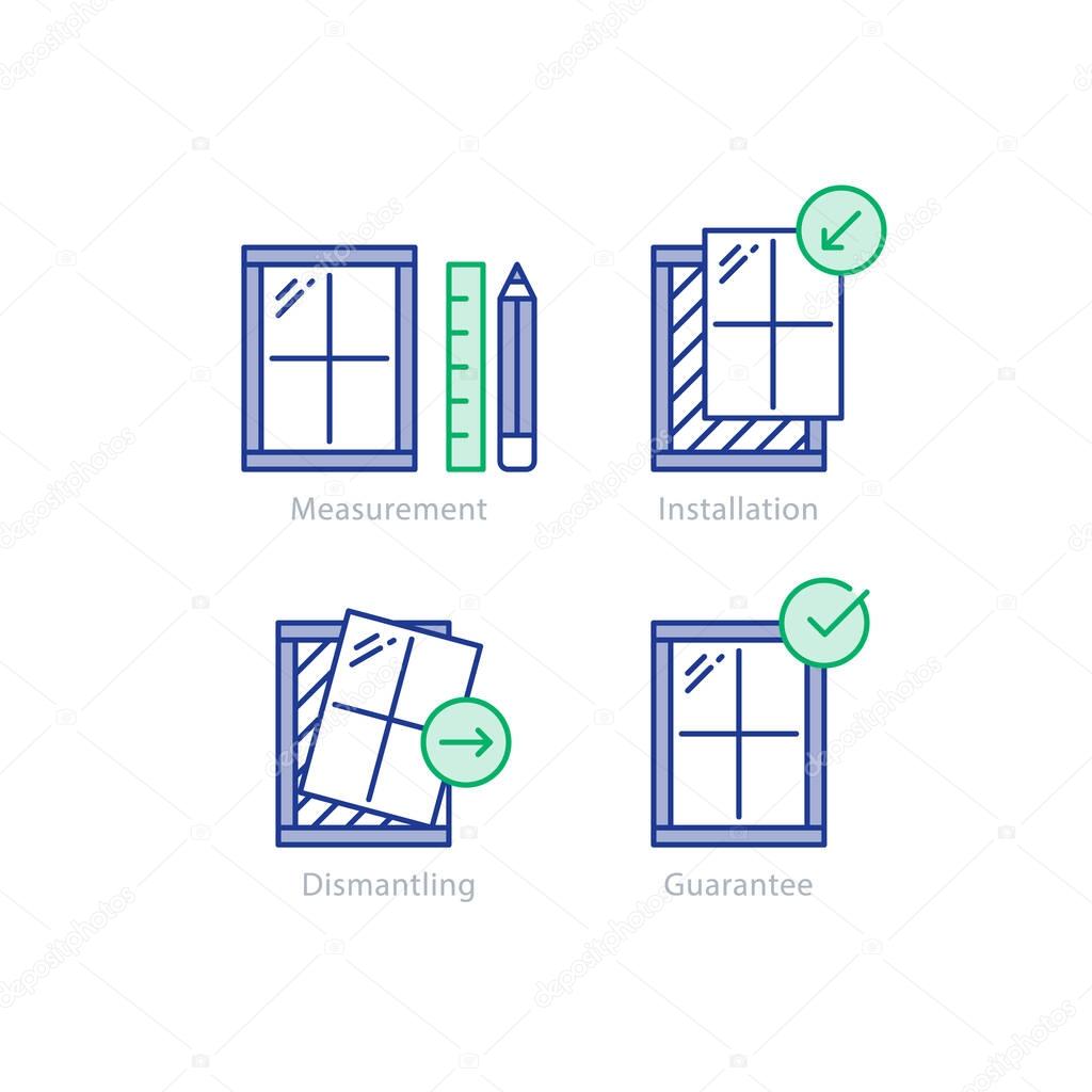 Window installation services, replacement steps, vector mono line icons set