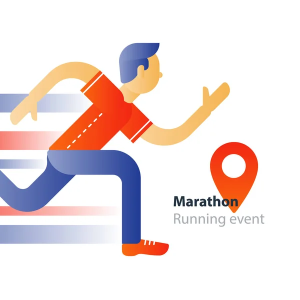 Running event, marathon participation, rushing man, person in motion — Stock Vector