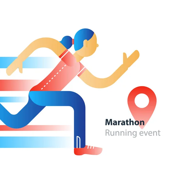 Біг подія, участь марафону, поспішаюча жінка в русі — стоковий вектор