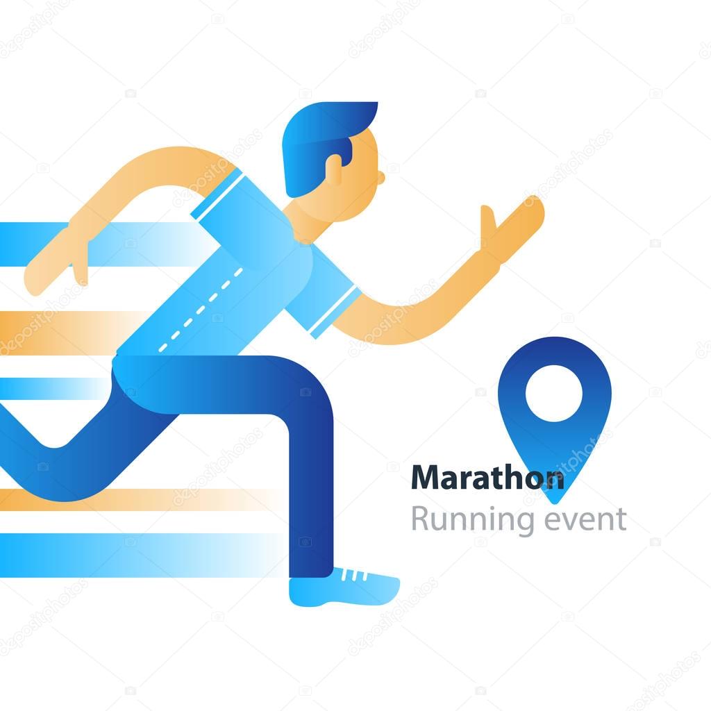 Marathon event, running man, sport race, person in motion, triathlon athlete, abstract cartoon, vector flat design illustration