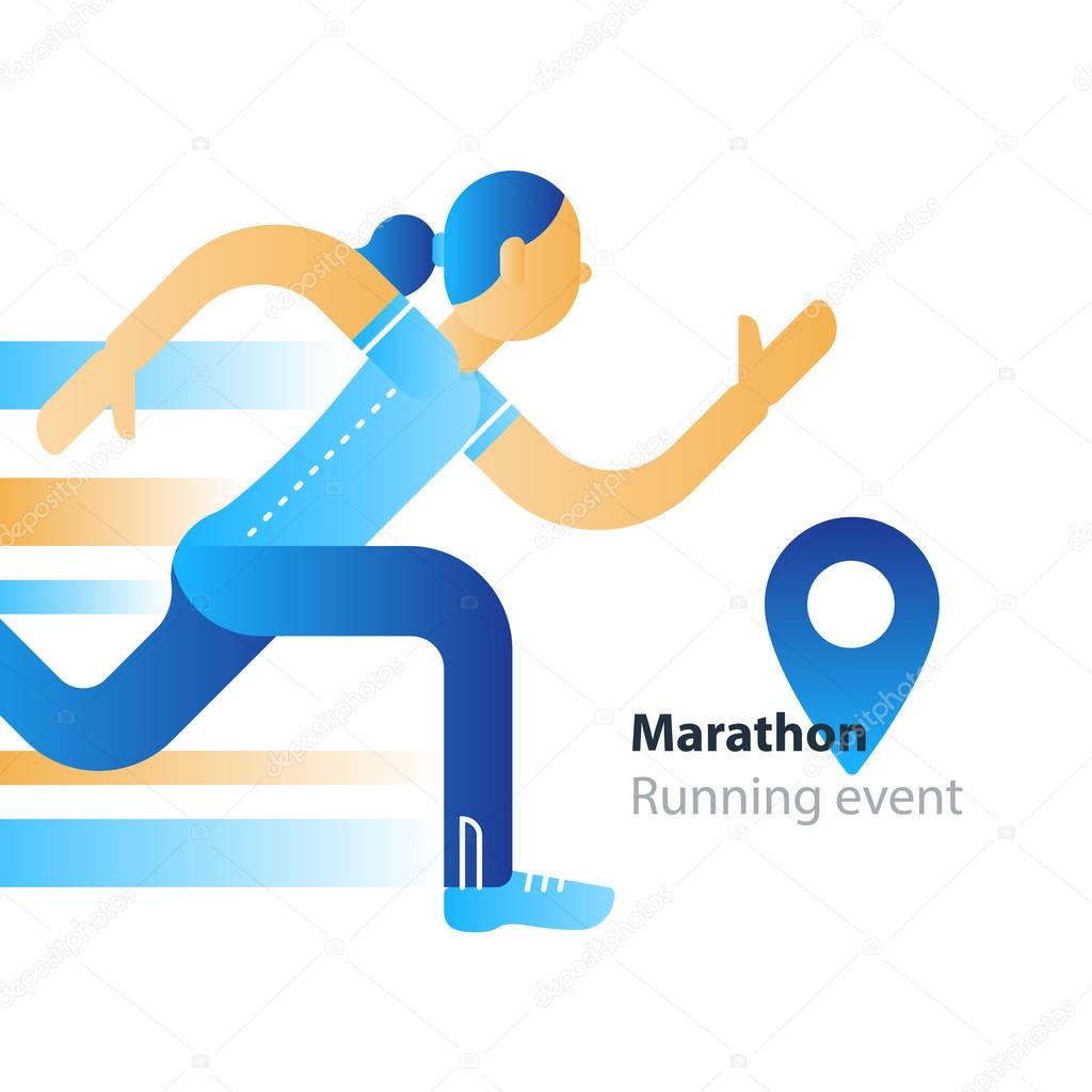 Marathon event, running woman, sport race in motion, triathlon athlete, abstract cartoon, vector flat design illustration