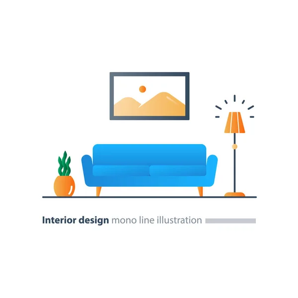 Solución de diseño de interiores, sofá de sala, sofá largo, zona de salón — Vector de stock