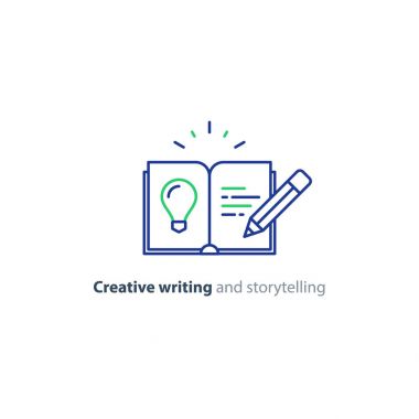 Creative writing, story telling idea, book page and pencil linear icons clipart
