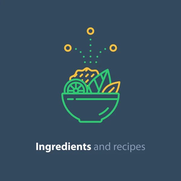 Recept en ingrediënten, salade bowl lijn pictogram, dieetvoeding — Stockvector