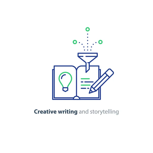 Escritura creativa, idea de contar historias, página del libro e iconos lineales a lápiz — Vector de stock