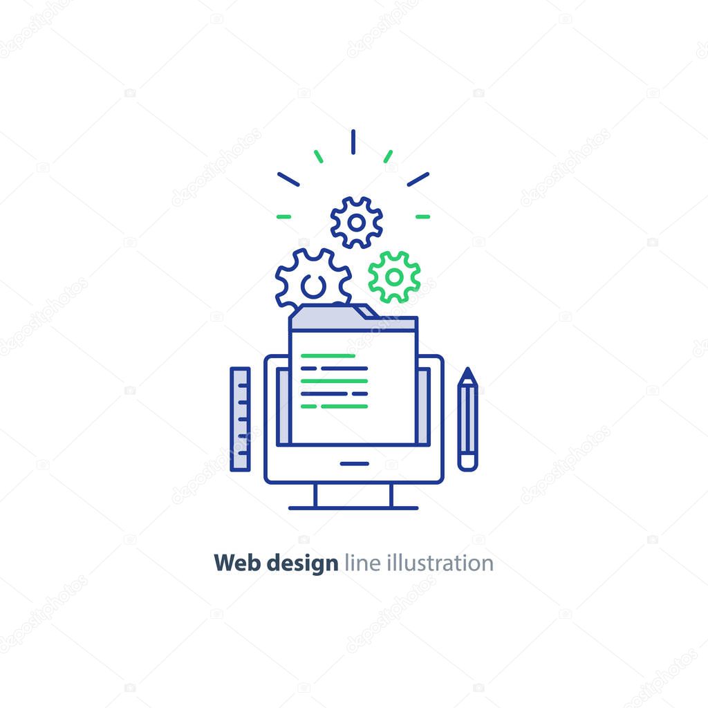Website design services, internet technology, coding and programming development, system administration, online education, vector mono line icon