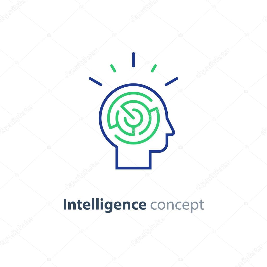 Logic games concept, creative thinking, head maze line icon, mind labyrinth, mental work, strategic thinking, psychology vector logo