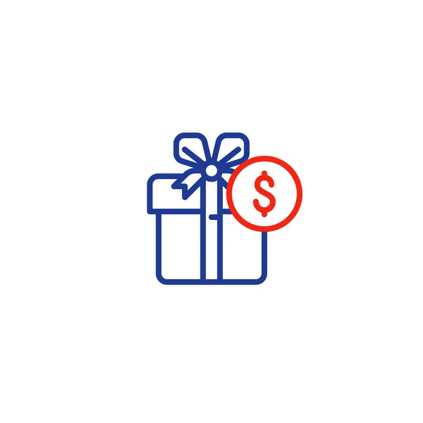 Dárková krabice peníze řádku ikonu, odměnu koncepce, sleva nabídka — Stockový vektor