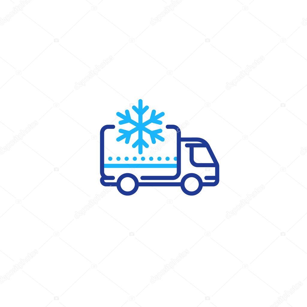 Fridge truck, ice cream van, delivery vehicle services, freezer, vector mono line icon