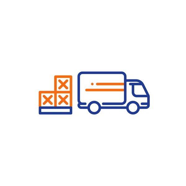 Trasporti camion, servizi di consegna, logistica, pallet scatole icona linea — Vettoriale Stock