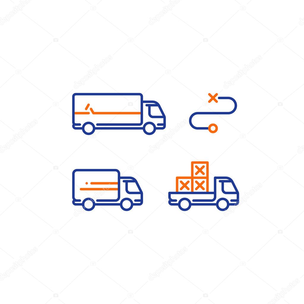 Lorry and pick up truck transportation, delivery services, logistics icon