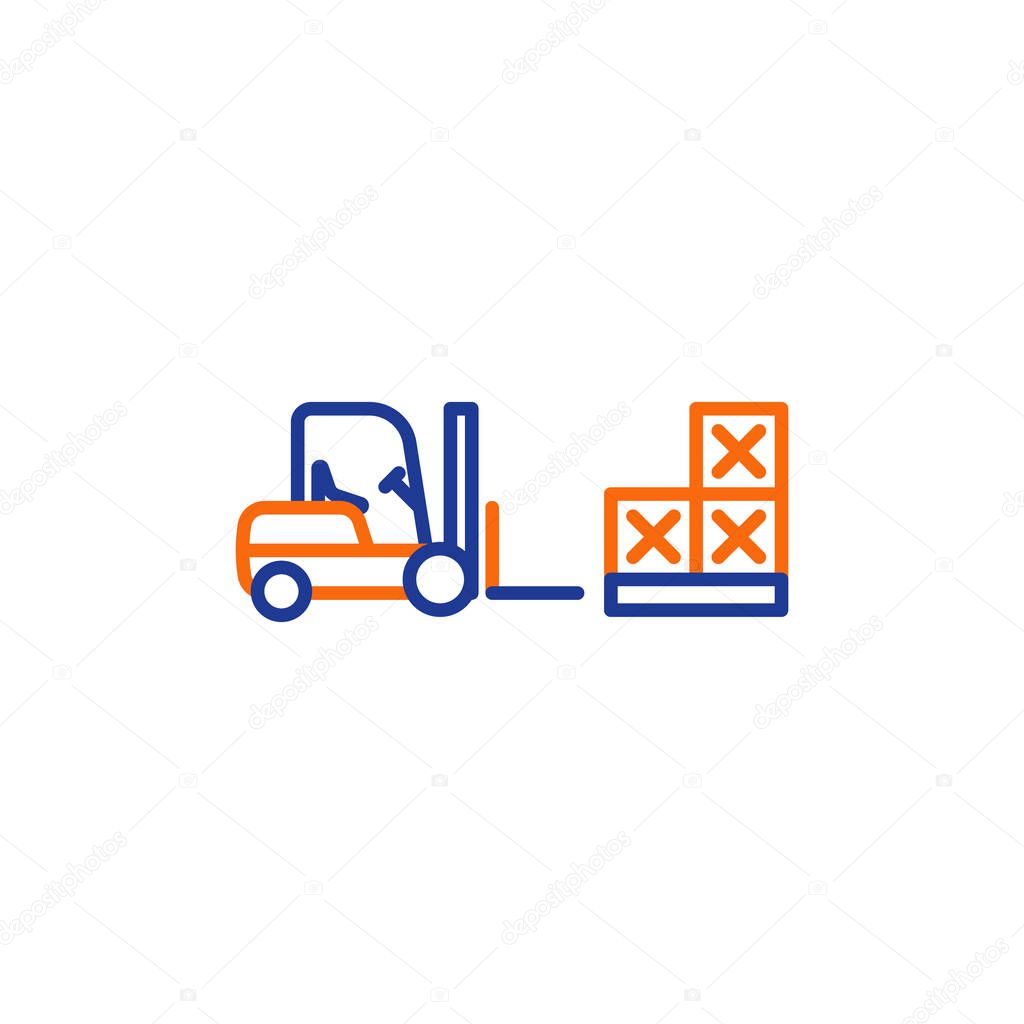 Fork lift truck loader, pallet with stacked boxes, warehouse storage services, asset relocation, vector mono line icon